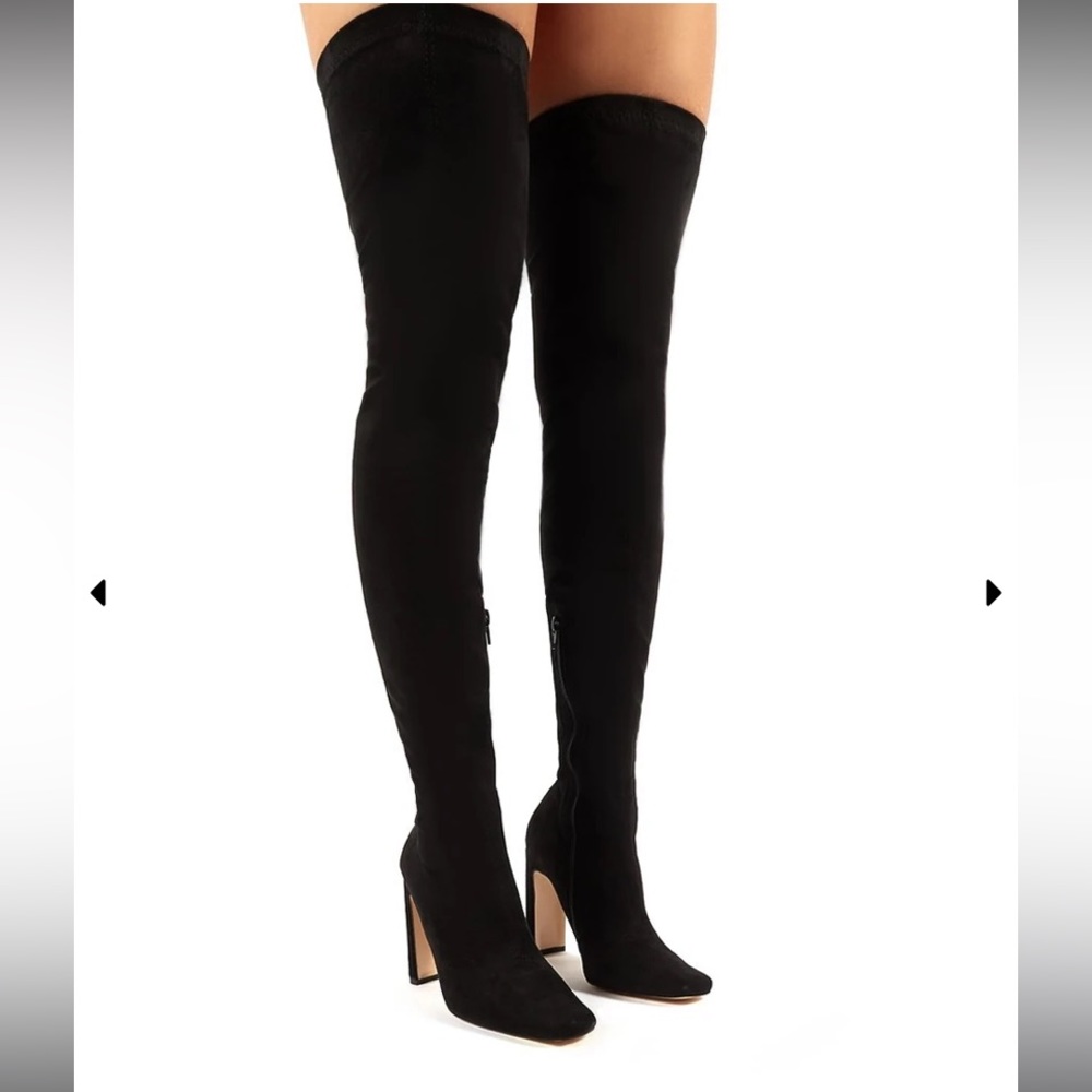 Black thigh high square toe boots